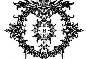 mystical long ornament tattoo with shaman and witch style and ancient rhyme letters outside tattoo idea