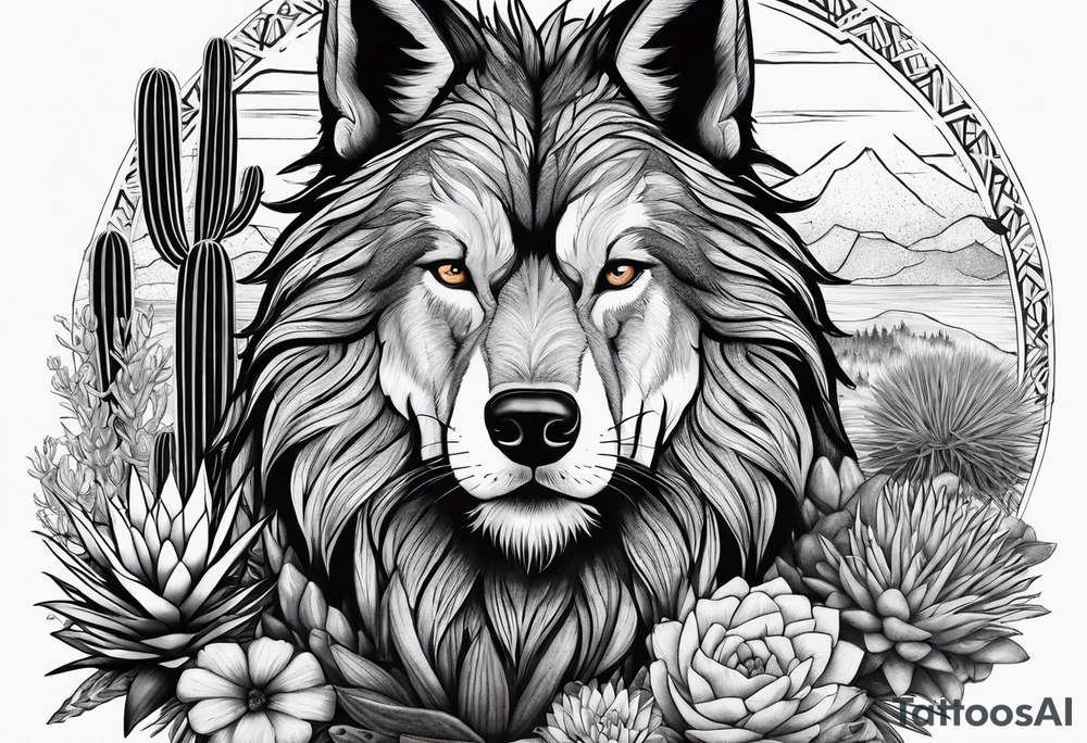 Lobo ,  cactos e árvore da vida por do sol tattoo idea