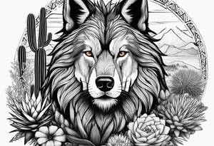 Lobo ,  cactos e árvore da vida por do sol tattoo idea