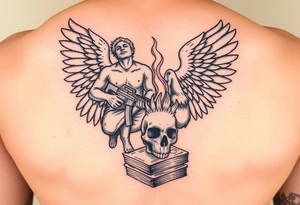 gangster angel sitting on a stack of bills, holding an AK47, watching a huge flame burning a stacked skull of a rabbit and a chicken. tattoo idea