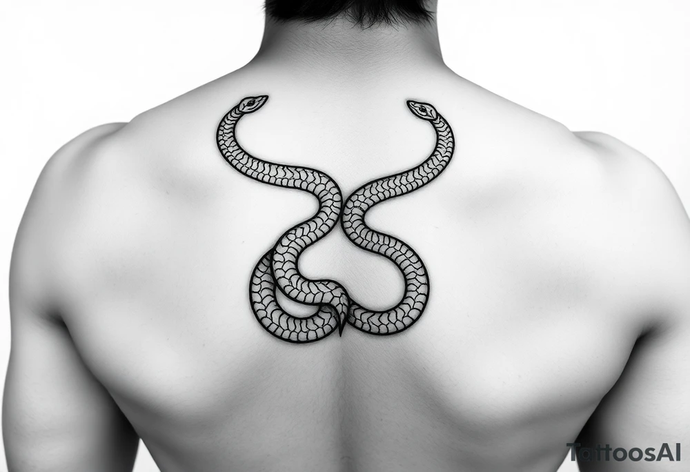 Id like a back tattoo with two snakes.  The illustration should be minimal with "skin-break."  I'd like the tails to be intertwined to accentuate my upper buttocks/upper butt crack, and Id like the snakes to moving upwards to the upper back, with the heads stopping just under my shoulder blades.  Almost like a "V shape" but very organic, like a symmetrical winding road.  Id like the tattoo to be sexy and accentuate my back to make my waist look small.  Black and white. Minimal.  Fine line. Please use a male body type. tattoo idea