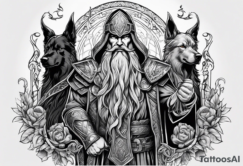 Odin mit Thor und darunter Hades mit sein dreiköpfigen Hund tattoo idea