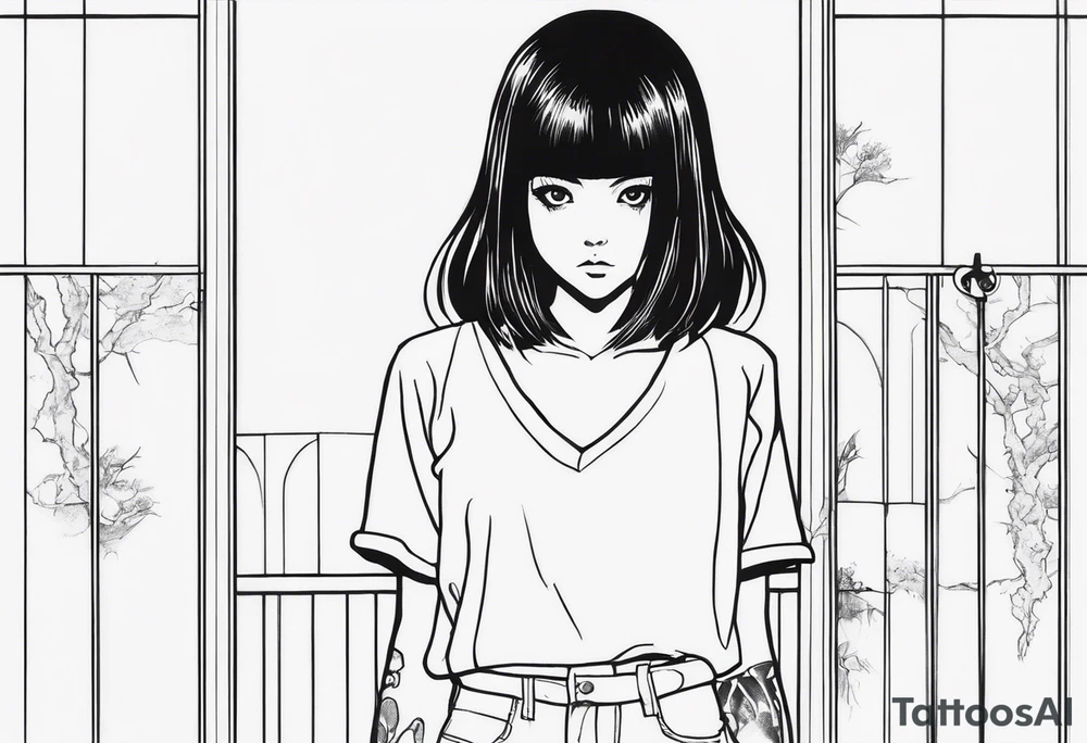 portrait of tomie standing up a character by the horror manga author junji ito full body standing menacingly. add more horror and gore elements tattoo idea