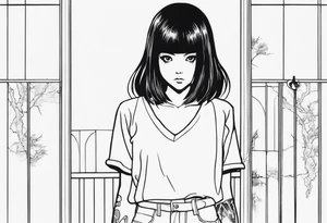 portrait of tomie standing up a character by the horror manga author junji ito full body standing menacingly. add more horror and gore elements tattoo idea