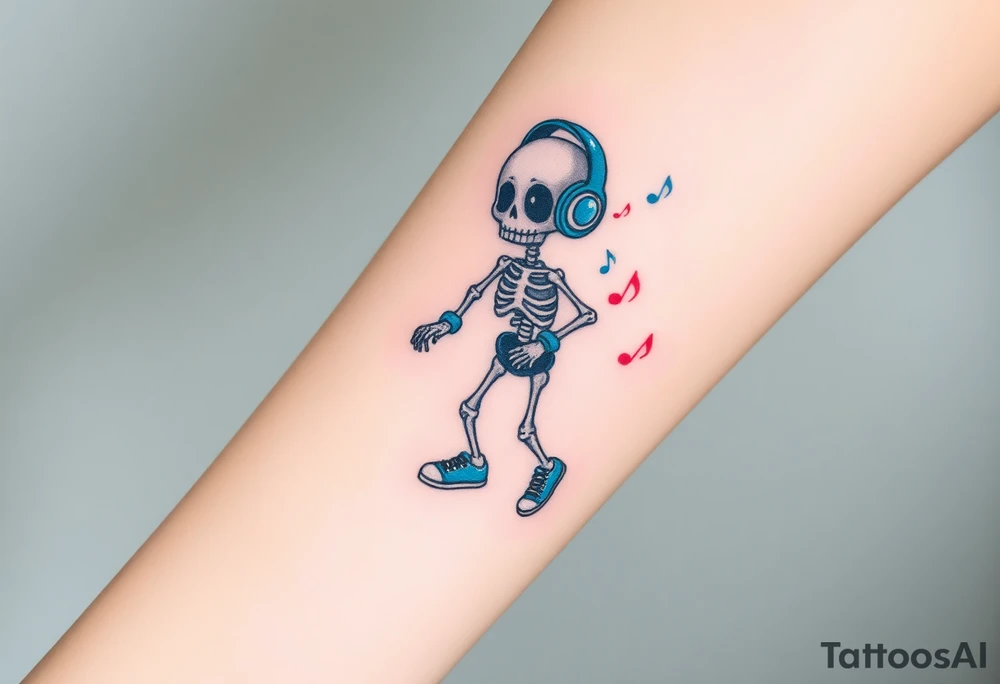 Cute skeleton with dreamy eyes jumping rope with blue headphones blue armbands blue sneakers and colorful  music notes around his head tattoo idea