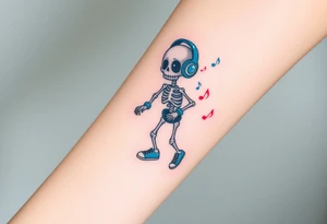 Cute skeleton with dreamy eyes jumping rope with blue headphones blue armbands blue sneakers and colorful  music notes around his head tattoo idea