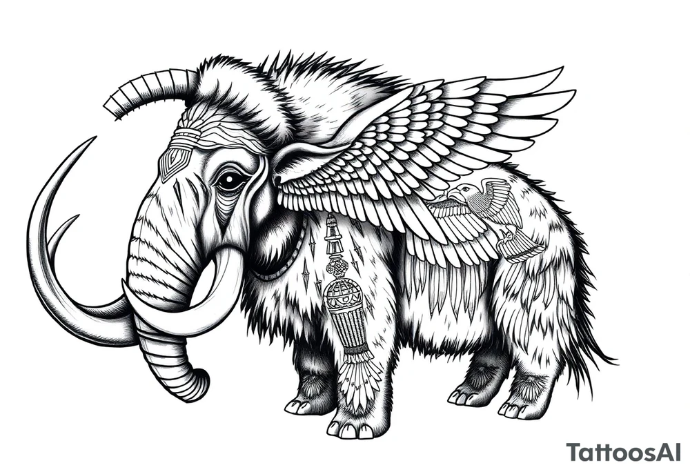 A horned woolly mammoth with ears that resemble the wings of a falcon and covered in Egyptian symbolism tattoo idea