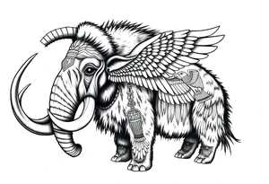 A horned woolly mammoth with ears that resemble the wings of a falcon and covered in Egyptian symbolism tattoo idea