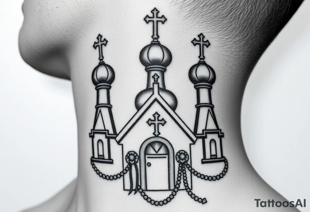 russian orthodox church with the crosses above being christian orthodox but in a AK47 style with a beaded orthodox thurible chain tattoo idea