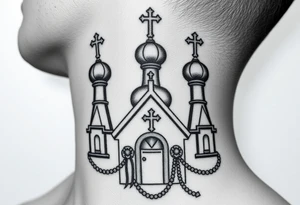 russian orthodox church with the crosses above being christian orthodox but in a AK47 style with a beaded orthodox thurible chain tattoo idea