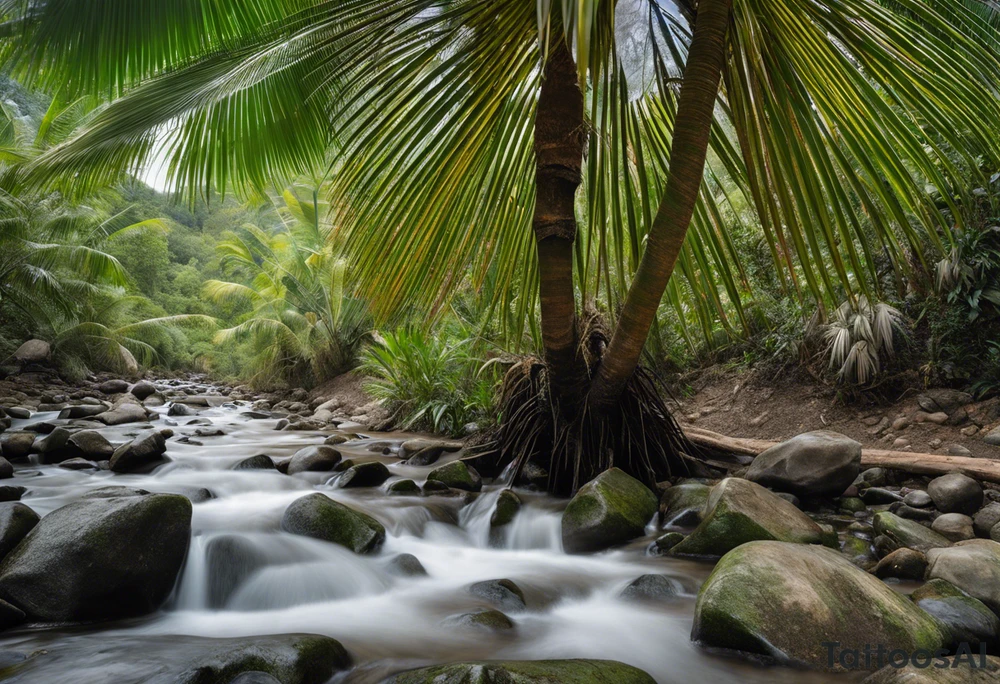Tattoo: A striking Gachala emerald sits at the base of a tall quindio wax palm, which grows resiliently from cracks in rugged, rocky soil. The emerald is the main focal point, symbolizing strength and endurance, while the wax palm, rooted in the soil’s crevices, represents growth and resilience. A small water stream flows gently from the rocks, adding an element of life and nourishment tattoo idea