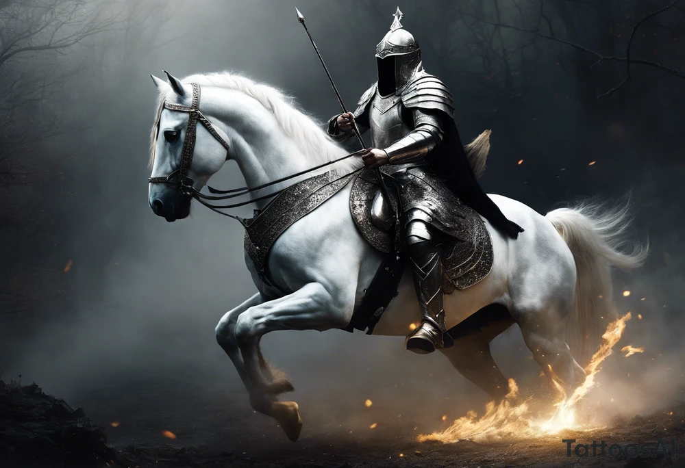 Dark art of the first horseman of the apocalypse. Wearing iron armor with a crown-shaped helmet, carrying a bow and arrows in one hand, he rides a white horse that is strong and slender, wearing shiny ornaments on his face. It is not possible to see the face of the horseman, who is obscured by the darkness and fog of the image. It is important that the horseman is facing the image and that the image shows the entire body of both the horse and the rider. tattoo idea