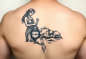 Beautiful female water bearer pouring an urn of water that flows into the Colorado mountain range tattoo idea