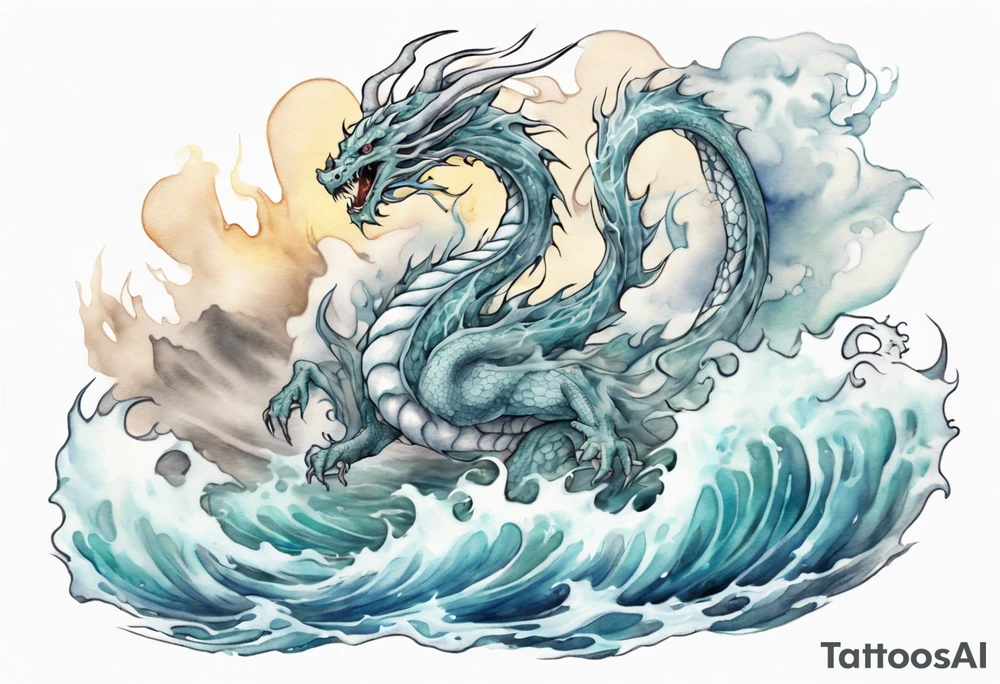 a transparent ghost dragon rising from the waves of the sea tattoo idea