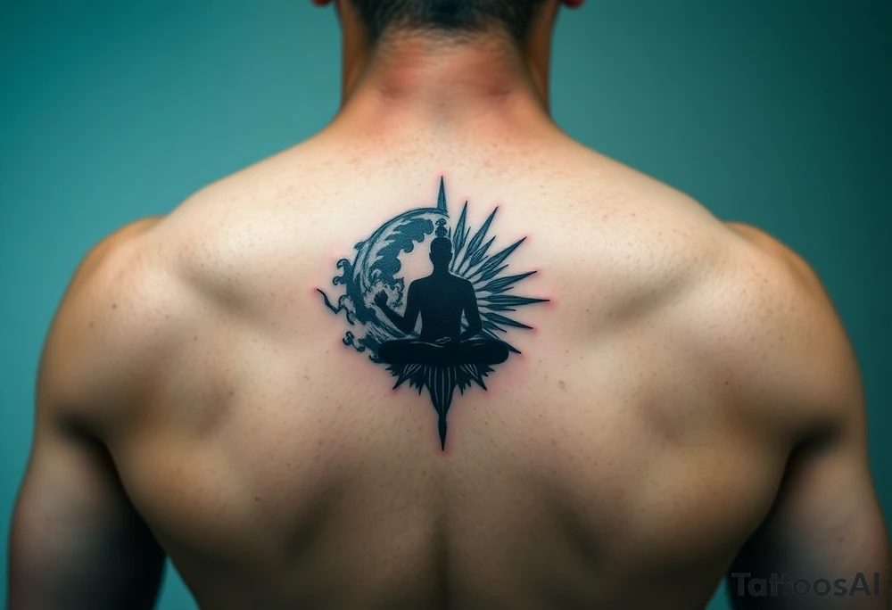yin-yang one side storm one side sunshine central meditative silhouette figure tattoo idea