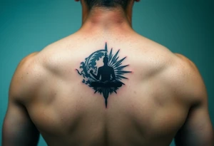 yin-yang one side storm one side sunshine central meditative silhouette figure tattoo idea