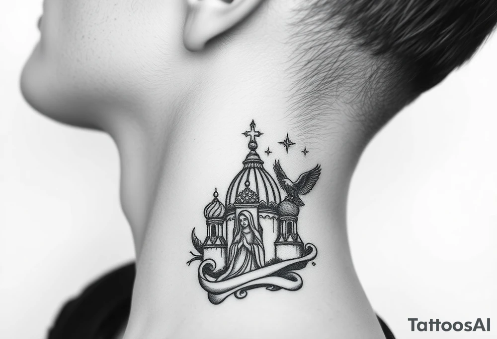 Flowing Scene

A single onion dome rising up toward the ear
Virgin Mary in prayer pose wrapping around the lower neck curve
A small eagle or just the star tucked above the dome near the hairline tattoo idea