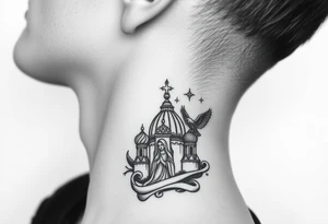 Flowing Scene

A single onion dome rising up toward the ear
Virgin Mary in prayer pose wrapping around the lower neck curve
A small eagle or just the star tucked above the dome near the hairline tattoo idea