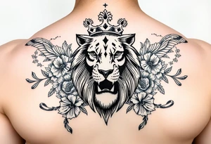 powerful majestic lion with a crown, surrounded by floral ornaments and birds tattoo idea