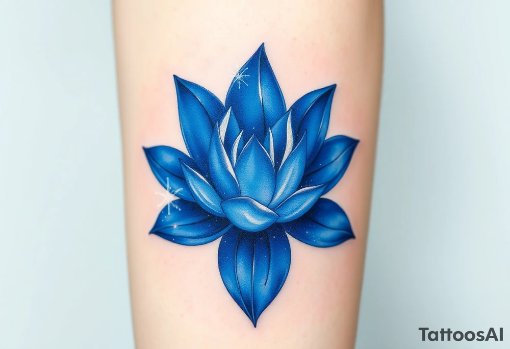 A deep blue water lily, with soft silver outlines and subtle star-like sparkles tattoo idea