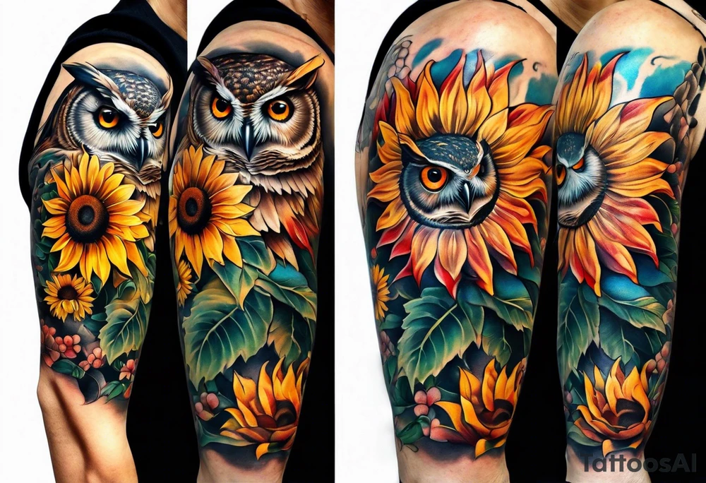Sleeve with a owl sunflower and butterfly tattoo idea