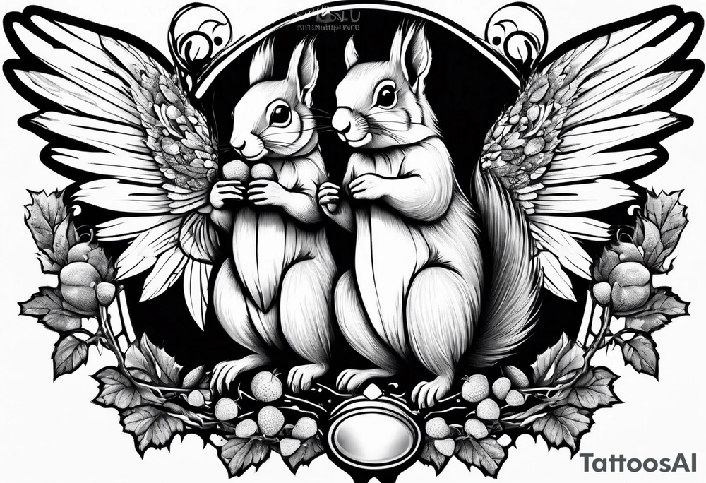 Squirrel with angel wings holding an acorn tattoo idea
