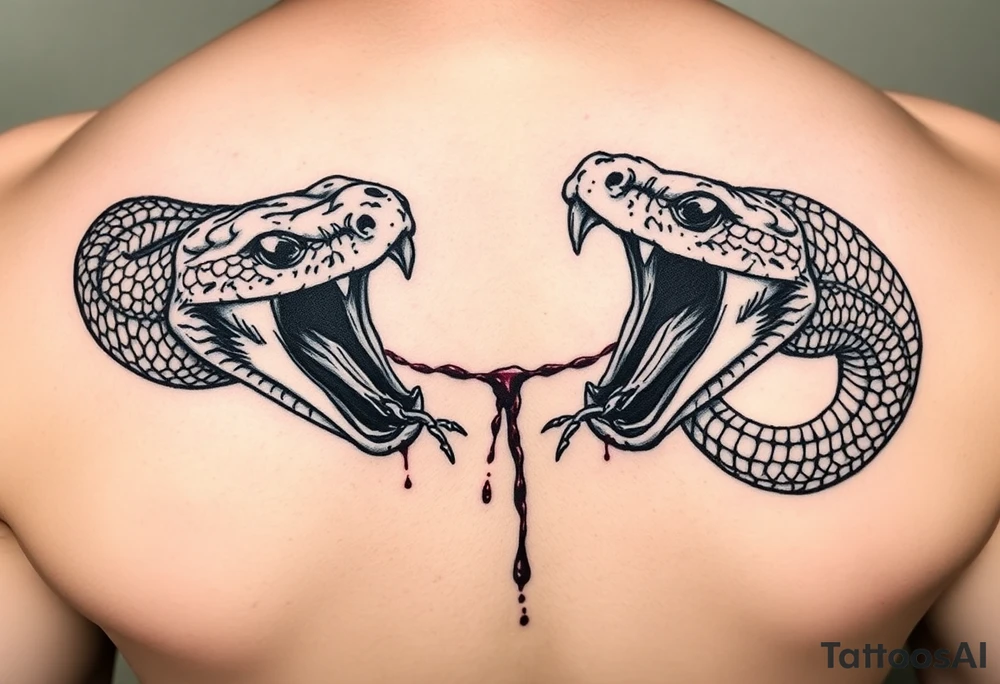 1 snake 2 Headed snake 1 dominate 1 and the other bigger and scarier both heads giant fangs out 1 head pulling away so hard there’s blood on the neck where the 2 heads split its 2 fierce baby cobra heads tattoo idea