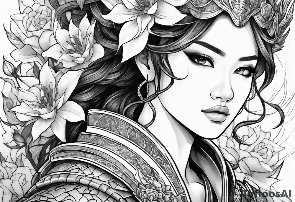 beautiful warrior woman wearing dragon armor and a floral background tattoo idea