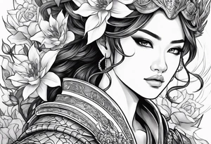 beautiful warrior woman wearing dragon armor and a floral background tattoo idea