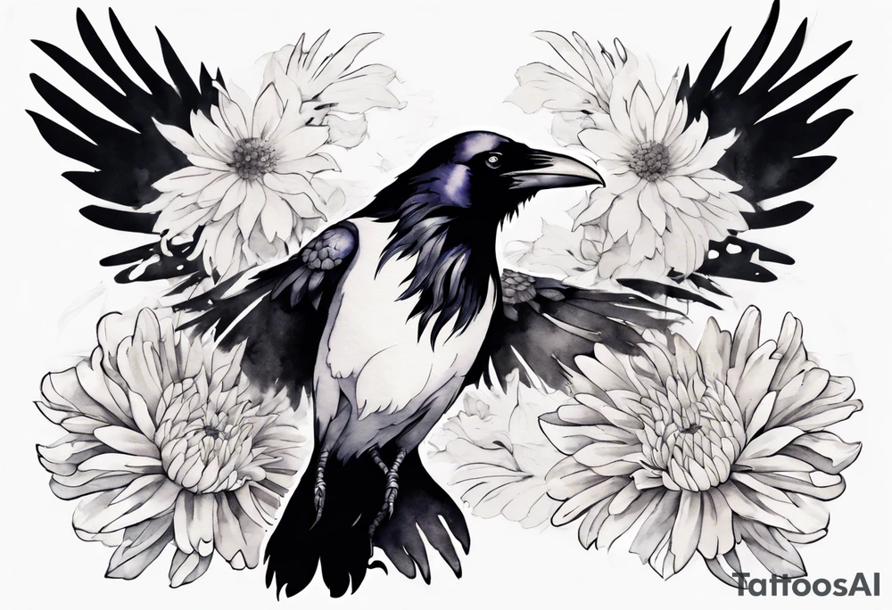 a raven with white claws and a white chrysanthemum on her chest tattoo idea