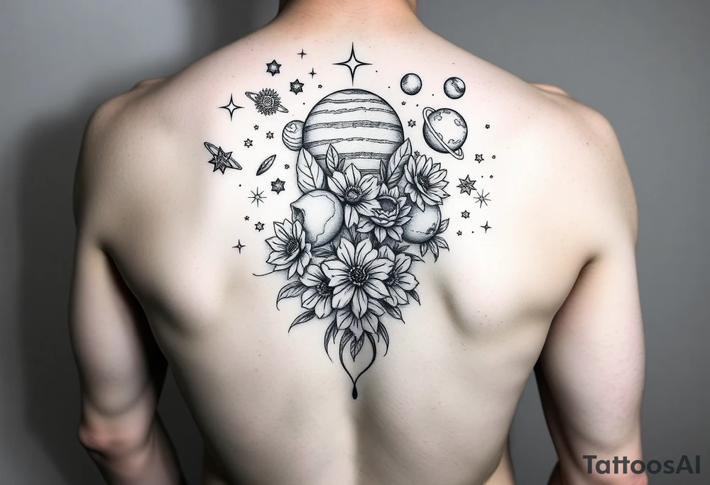 line art drawing of a womans torso with stars, flowers and planets coming from her head tattoo idea