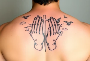 Praying hands , hope faith love , cross , birds , clouds , god strongest child tattoo idea