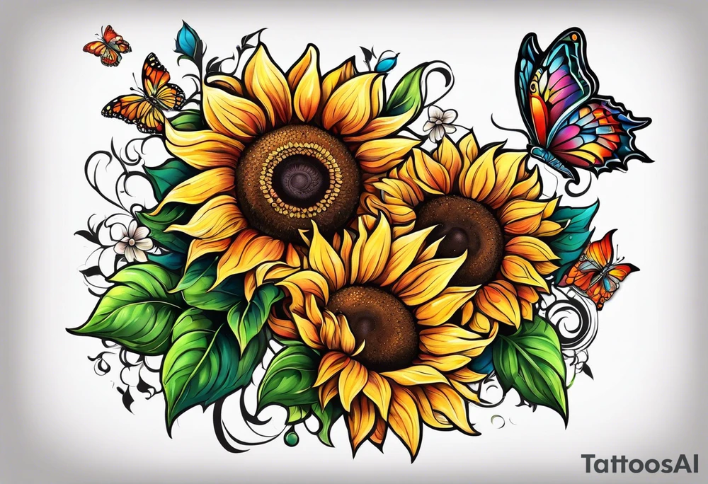Multi color sunflowers with a butterfly and cross arm sleeve tattoo idea