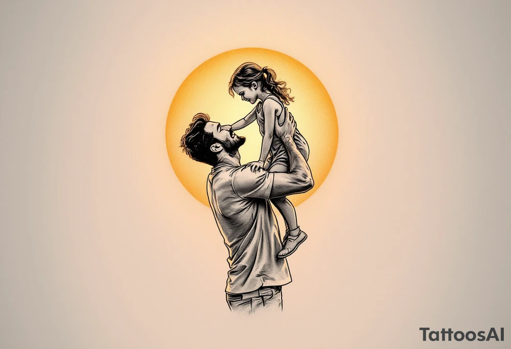 A line-art silhouette of a father lifting his daughter onto his shoulders, with a soft golden glow around them. tattoo idea
