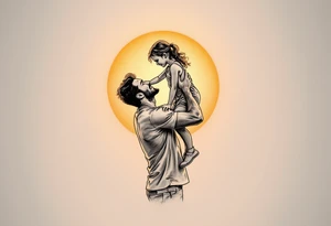 A line-art silhouette of a father lifting his daughter onto his shoulders, with a soft golden glow around them. tattoo idea