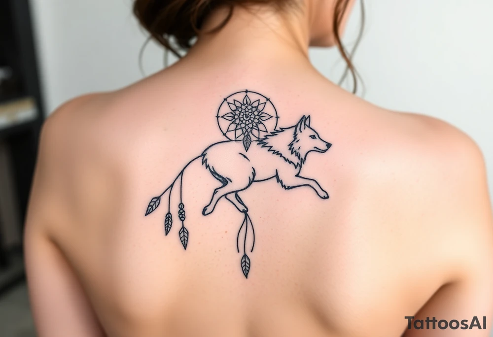 A wolf running through the woods, with dreamcatcher rings behind it tattoo idea