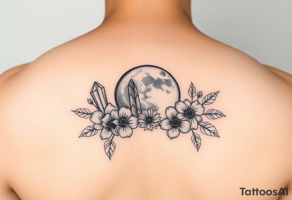 crystals and half the moon and flowers tattoo idea