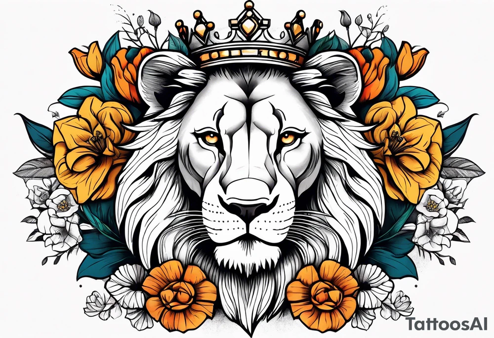 vintage lion with king crown and flowers surrounding it tattoo idea