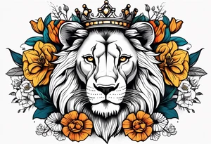 vintage lion with king crown and flowers surrounding it tattoo idea