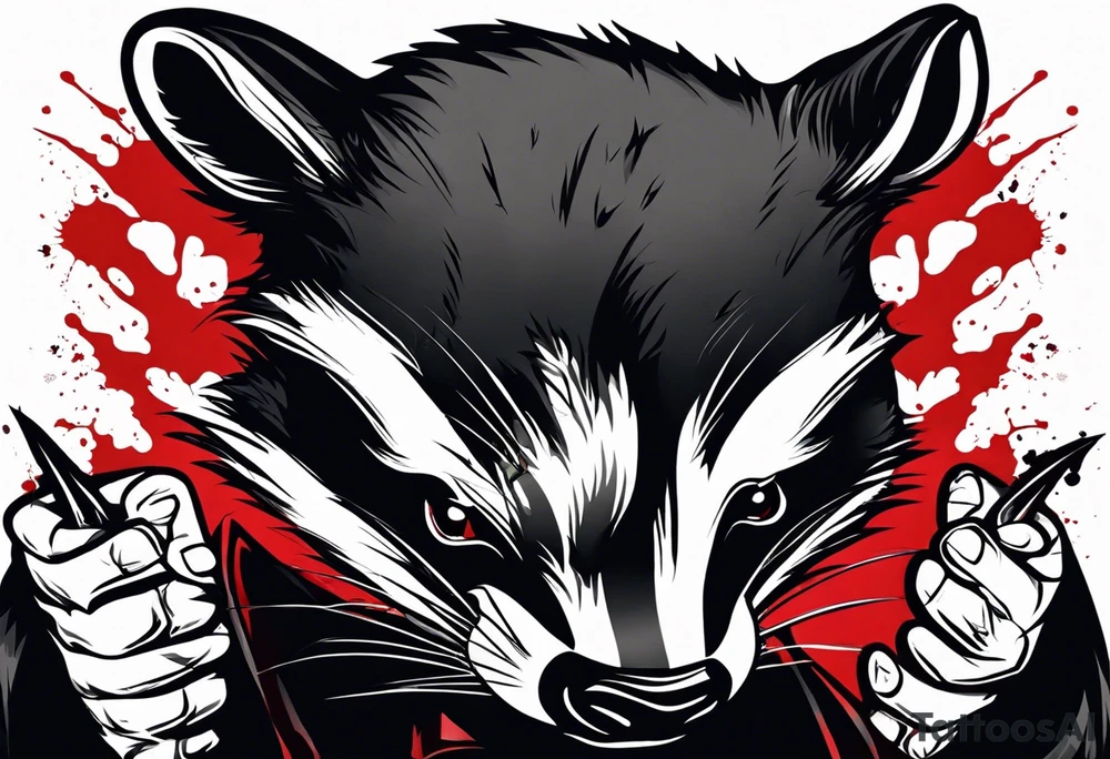 Draw me psychopath Badger/Assassin with aggressive full body, killer face with a smile, very long nails and he attacks like a Bloody Assassin to us and also, he has very deadly looking. He fights with his nails. Everybody scares after their first sight. Give me horror type Badger Tattoo. I want to see his Realistic full body. tattoo idea