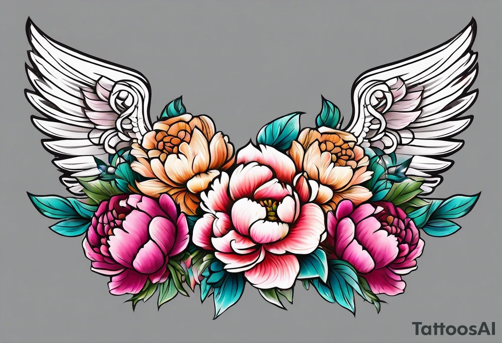beautiful angel wings with colorful, peonies. beautiful flilligree in the background , full color, traditional old school , white background tattoo idea
