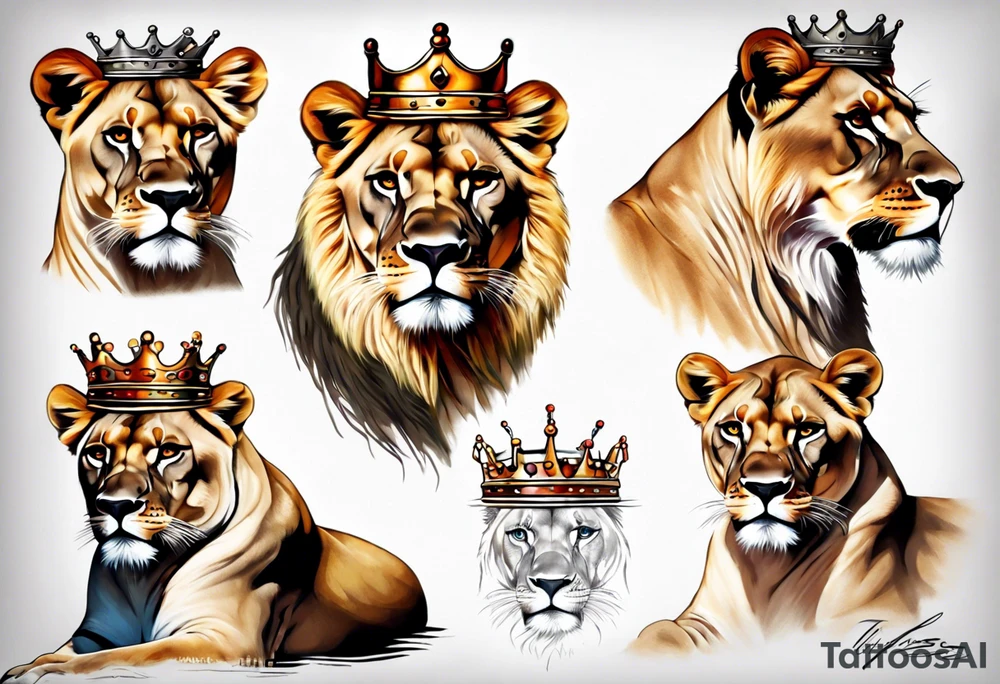 lioness with a crown realistic tattoo idea