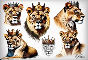 lioness with a crown realistic tattoo idea
