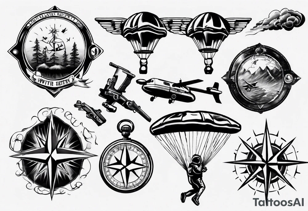 skydiving, shooting guns, compass, adventure tattoo idea