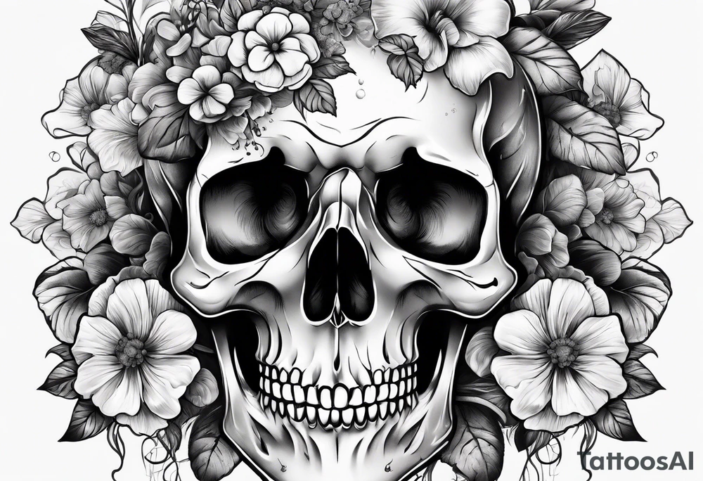 A skull covered in mushrooms and flowers tattoo idea