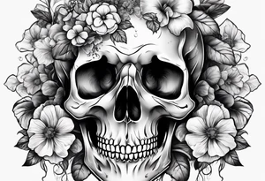 A skull covered in mushrooms and flowers tattoo idea