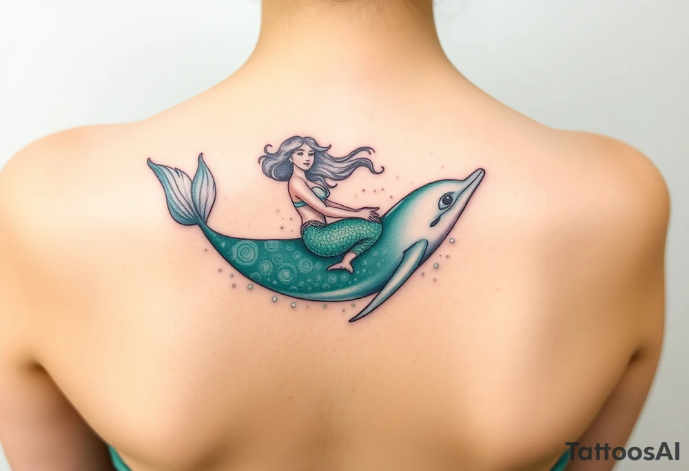A mermaid riding a dolphin through an enchanted sea, blending deep emerald greens and luminous pearl whites tattoo idea
