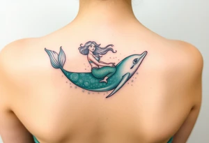A mermaid riding a dolphin through an enchanted sea, blending deep emerald greens and luminous pearl whites tattoo idea