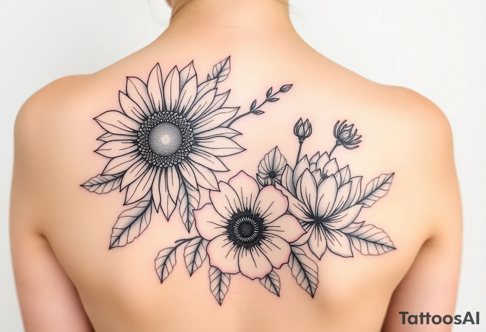 Sunflower, peony, cherry blossom, lotus, Delilah’s floral tattoo idea