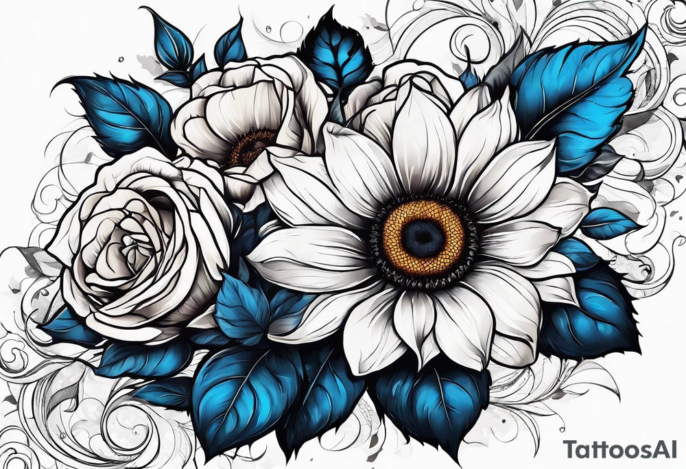 flower rose and blue, sunflower, tattoo idea